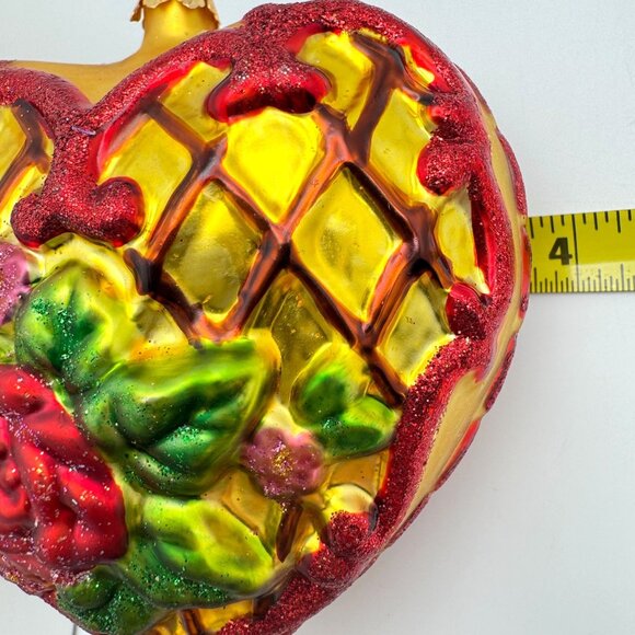 Handcrafted Heart-Shaped Glass Ornament Red Rose Floral Gold Base Red Glitter 4" - Picture 2 of 9